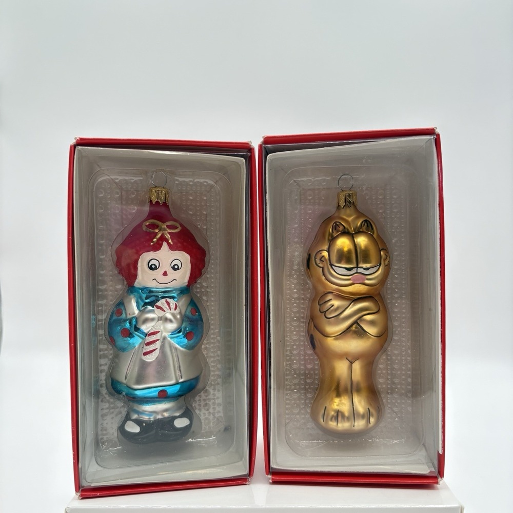 Vintage Kurt Adler Garfield Paws‎ & Raggedy Ann Blown Glass Christmas Ornaments
